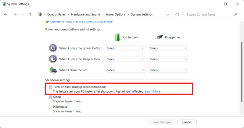 Disabling fast startup in Control Panel to extend SSD life.