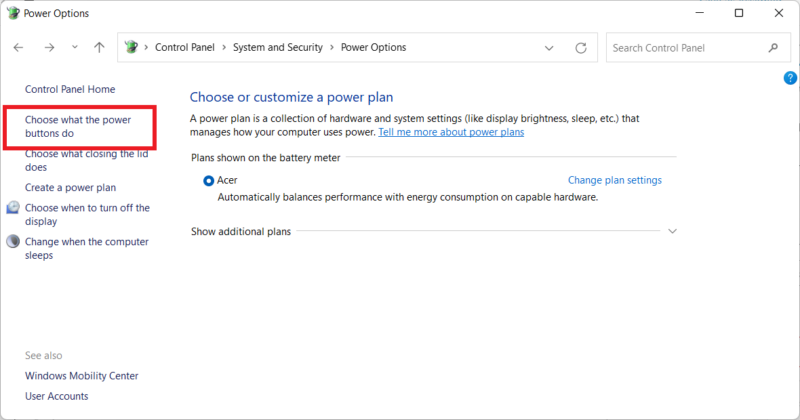 Power options within Control Panel.