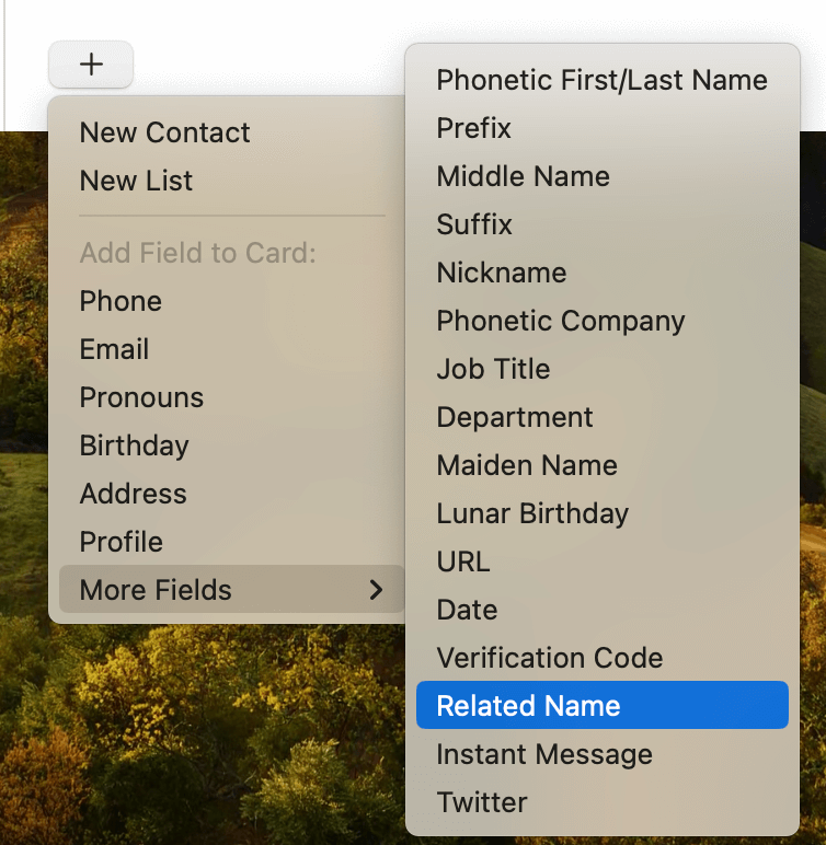 Select new field relationship status on macOS contacts app