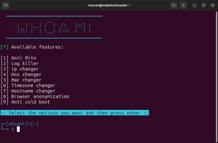 A terminal showing the Whoami script running on Ubuntu.