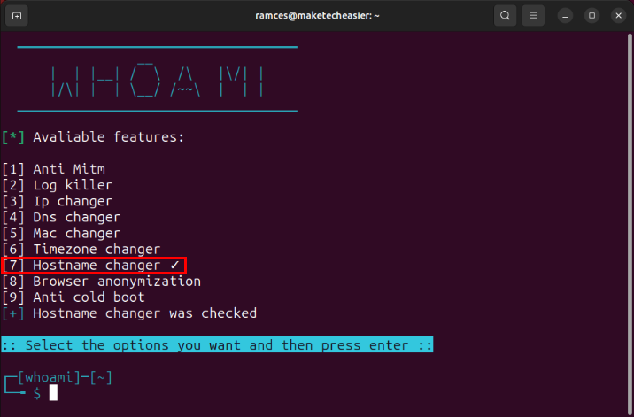 A terminal showing the Hostname changer module toggled in Whoami.