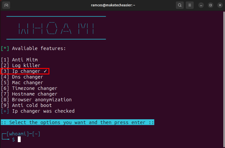 A terminal showing the IP changer module toggled in Whoami.
