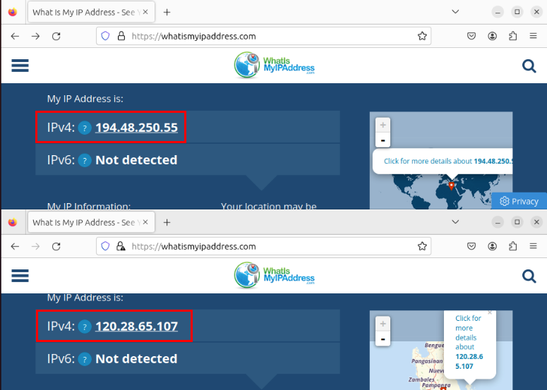A screenshot showing the change in the IP address for the current Ubuntu session.