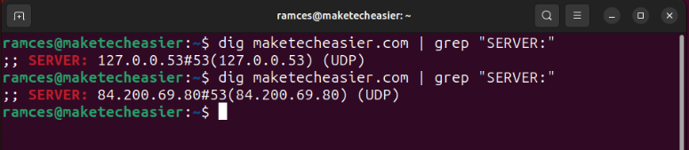 A terminal showing the change in DNS servers for the current Ubuntu session.