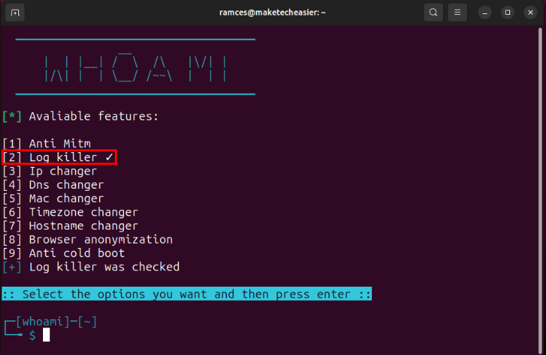 A terminal showing the System Log remover toggled in Whoami.