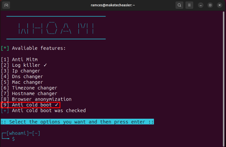 A terminal showing the Anti Cold Boot module toggled in Whoami.