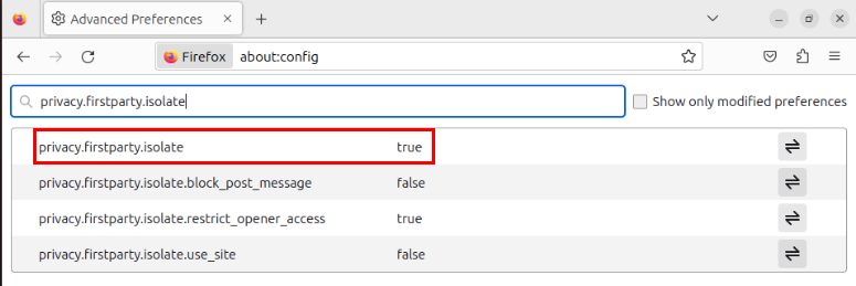 A screenshot showing the modified firstparty.isolate value in Firefox ESR.