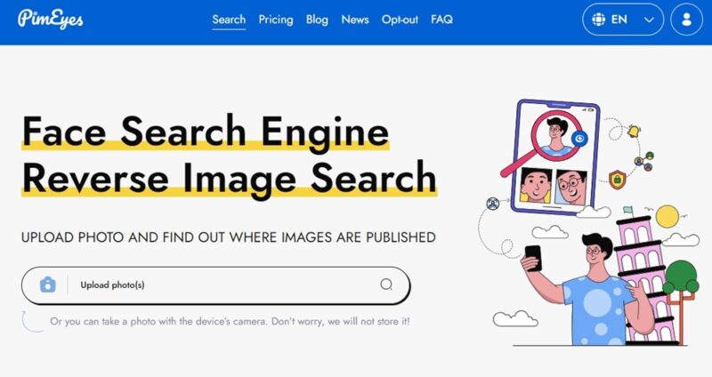 Finding pictures of people using PimEye's reverse image search.