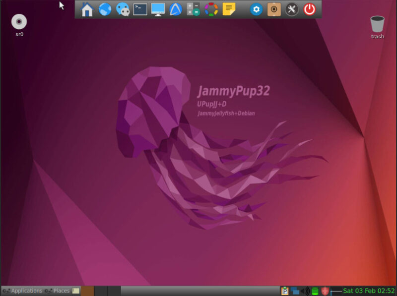 linux-distros-ancient-pcs-puppylinux A screenshot showing the default JWM desktop in Puppy Linux Jammy.