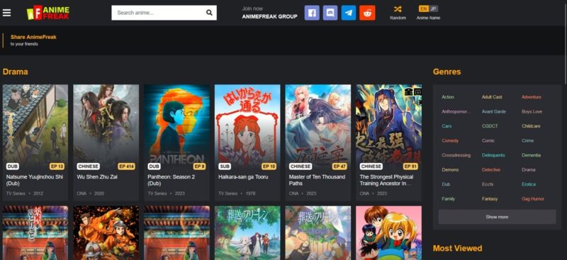 AnimeFreak interface overview on the web.