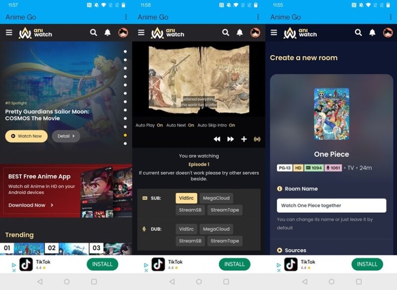 Anime Go app interface overview on Android.