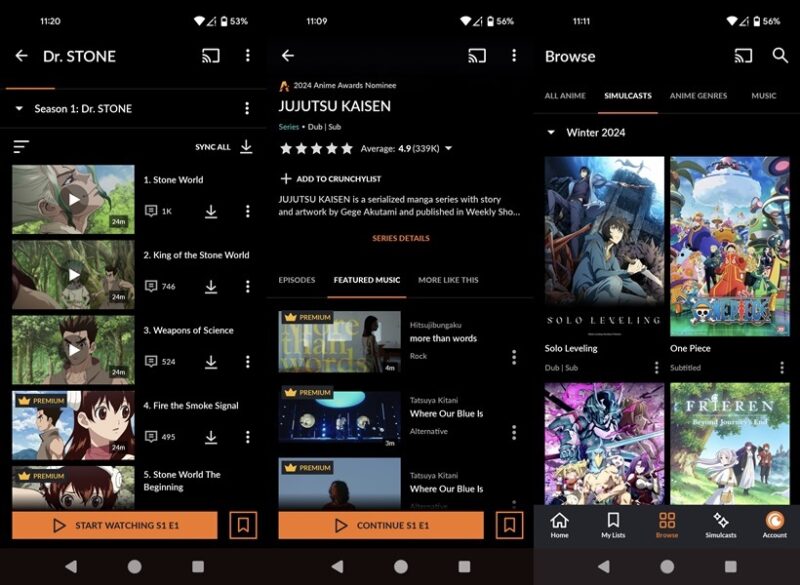 Crunchyroll app interface overview on Android.