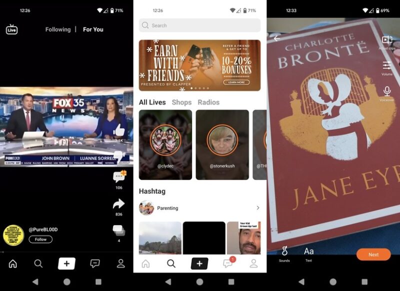 Clapper app interface overview on Android.
