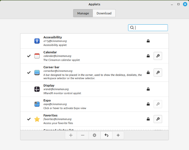 A screenshot of the Default Applets available for the Cinnamon edition.