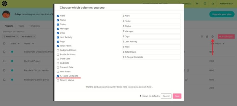 Add new columns in Projects view in CoordinateHQ.