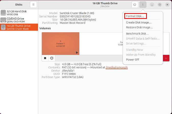 A screenshot highlighting the "Format Disk..." option on the Gnome Disks utility for the external disk.