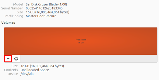 A screenshot highlighting the "+" symbol for adding a new partitions in disks.
