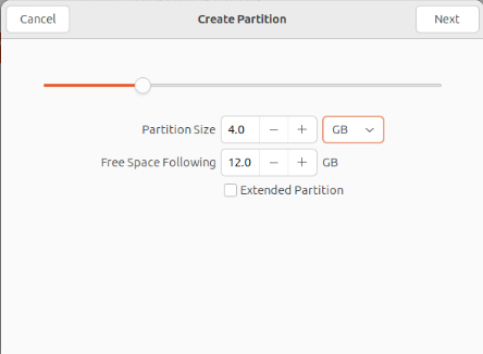 A screenshot of the partition size slider for the external disk in Gnome Disks utility.