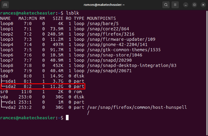 A screenshot showing the sda2 dummy partition in lsblk.