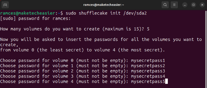 A screenshot showing the different secret passwords for each of the initialized hidden volumes in Shufflecake.