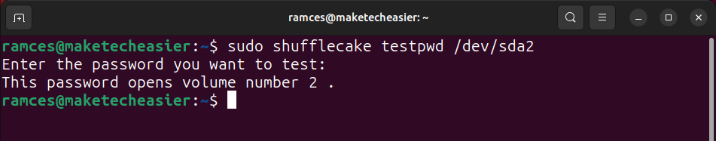 A screenshot showing the testpwd subcommand successfully running on the new "Volume 2" password.