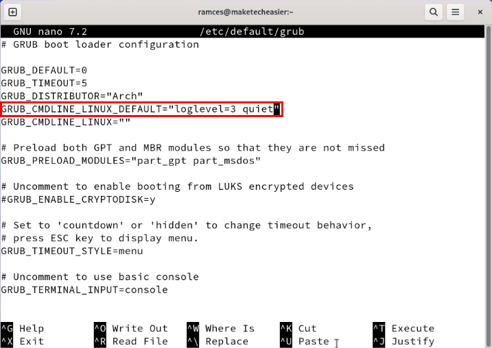 A terminal highlighting the Grub argument line.