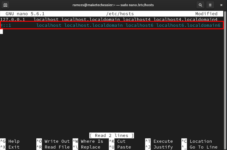 A terminal showing the IPv6 addresses in /etc/hosts disabled.