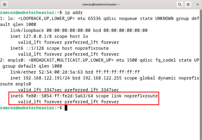 A terminal showing the IPv6 stack running on Debian Linux.