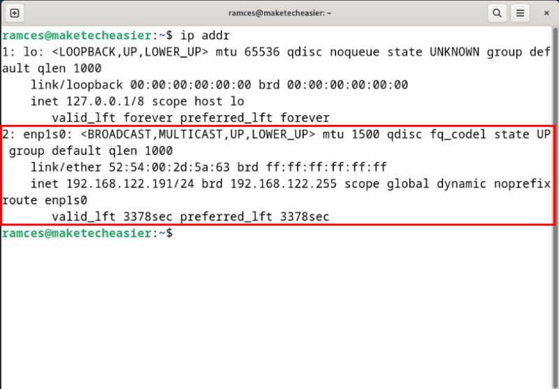 A terminal showing the ethernet network interface without an IPv6 stack running.