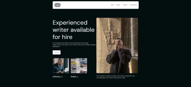 Portfolio site for Ryan S. Gladwin. A picture of him is large on the right side with text to its left stating "experienced writer available for hire." Below that are two buttons for "publications and samples" with AI-generated images attached.
