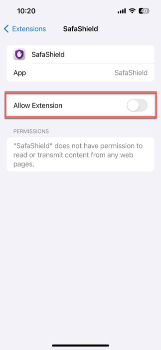screenshot showing the option to Enable the Safashield extension 