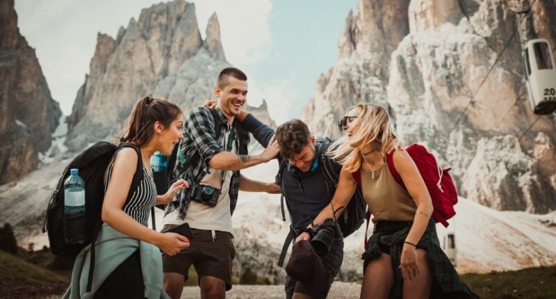 Group of friends hiking in the mountains.