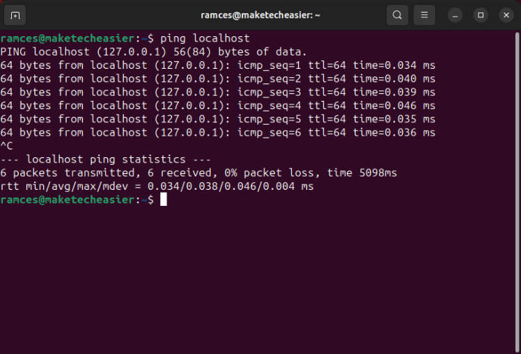 A terminal showing a localhost loopback test.