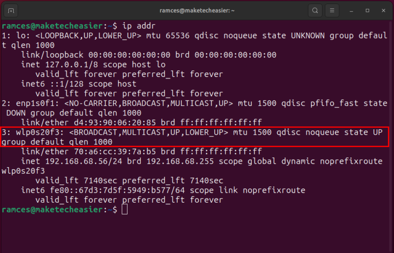A terminal highlighting the wireless device currently running in the system.