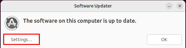 A screenshot highlighting the "Settings..." button in the Software Updater utility.