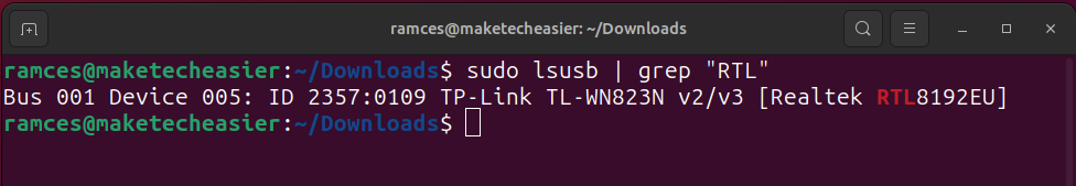 A terminal showing the currently active USB Wi-Fi device in Linux.