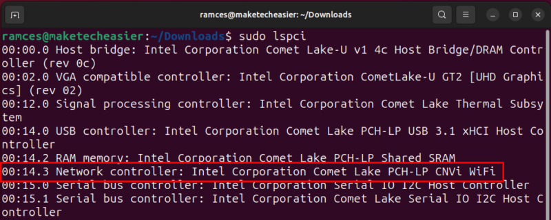 A terminal highlighting the PCI-based Wi-Fi device in Ubuntu Linux.