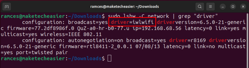 A terminal highlighting the currently active driver for the Wi-Fi device.