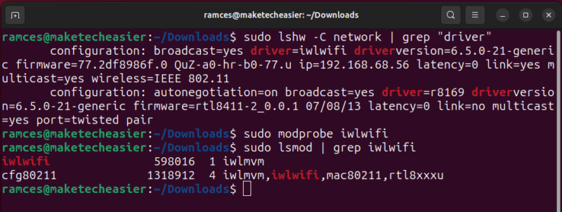 A terminal showing the Wi-Fi module being loaded into the current kernel.