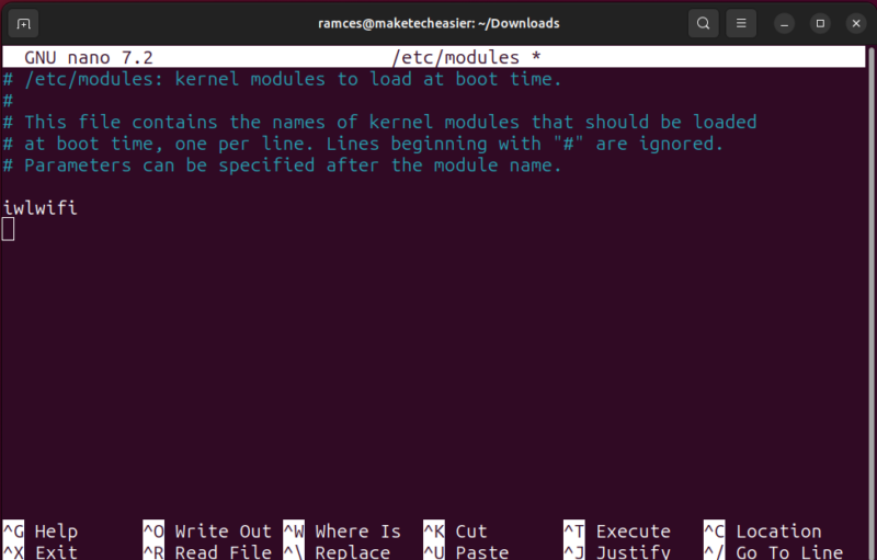 A terminal showing the config file that can load kernel modules at boot time.