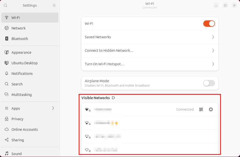 A screenshot highlighting the visible networks section of the Wi-Fi category.