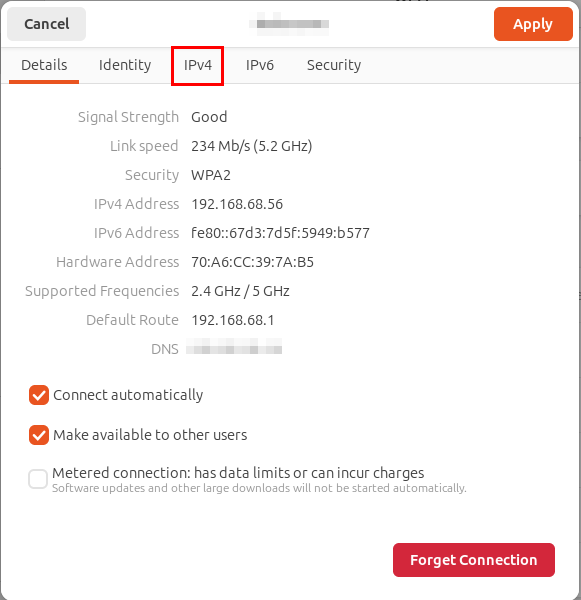 A screenshot highlighting the IPv4 tab on the access point settings menu.