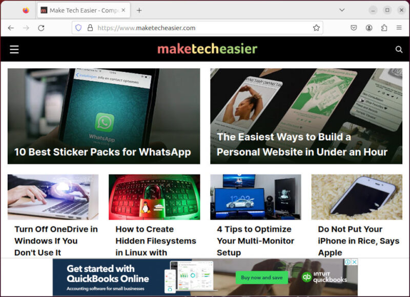 A screenshot of the MakeTechEasier website on an Ubuntu machine with a custom DNS resolver.