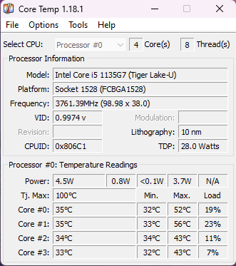 Core Temp app showing laptop heating up.