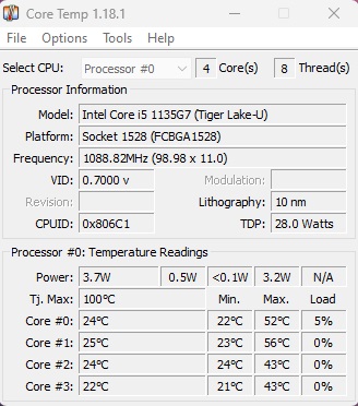 Core Temp showing initial cooling at 600 fan speed.