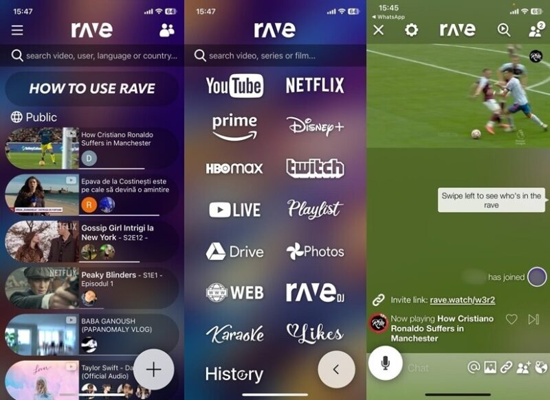 Rave app interface overview.