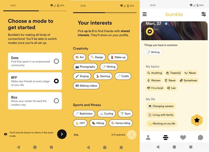 Bumble BFF app interface overview. 