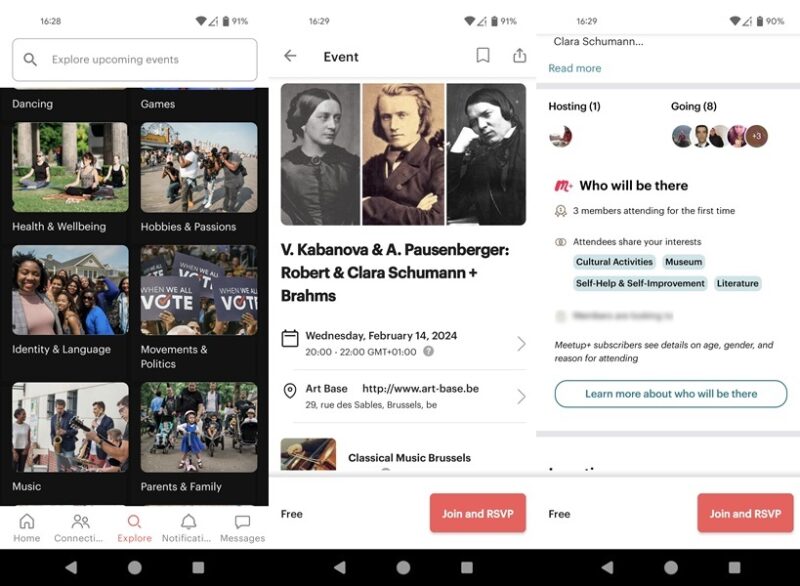 Meetup app interface overview. 