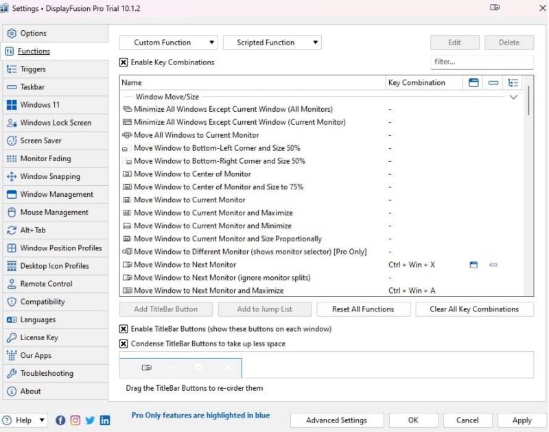 Viewing settings in DisplayFusion for a multi monitor setup.