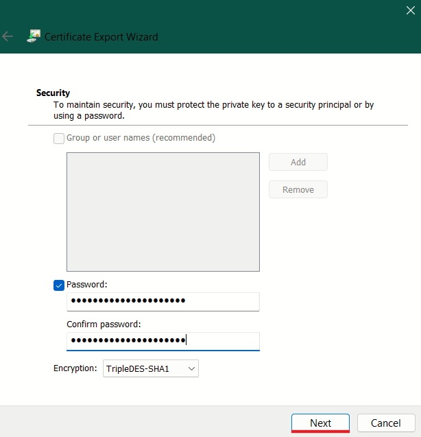 Typing password for certificate backup. 